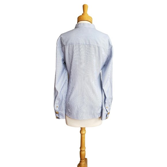 Tibi  Blue Jones Asymmetric Striped Shirt Tortoiseshell Buttons Sz 4 - Picture 3 of 11